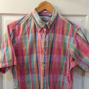 1980s vintage 2-ply Madras cotton button down short sleeve plaid shirt size L